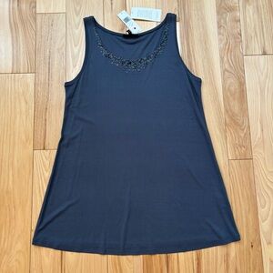 NEW Eileen Fisher Stretch Silk Sequin Accent Scoopneck Ash Gray Long Tank Top